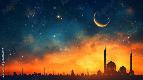 Ramadan Kareem background with mosque and moon and eid mubarak wallpaper photo