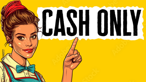 Young woman waitress pointing with index finger to words cash only. Generative ai fictional character vector conceptual illustration. Pop art comic book style imitation. 