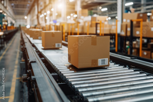 Cardboard boxes on conveyor in warehouse. Delivery, storage and distribution service concept. Generative AI