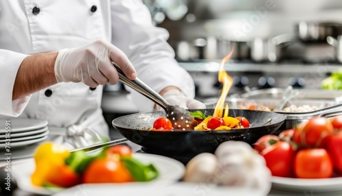 Close up of professional chef s hands cooking food with fire in a restaurant kitchen settings