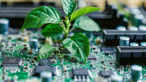 A young plant sprouting from a motherboard, a powerful visual metaphor for eco-technology and the fusion of nature and electronics.