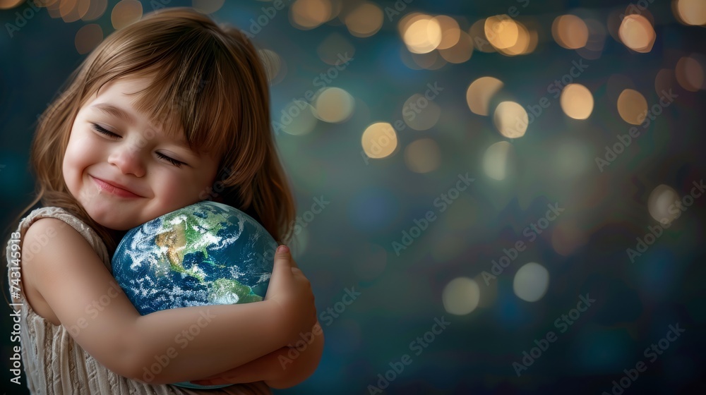 Naklejka premium tender moment when a girl hugs a planet earth generative ai