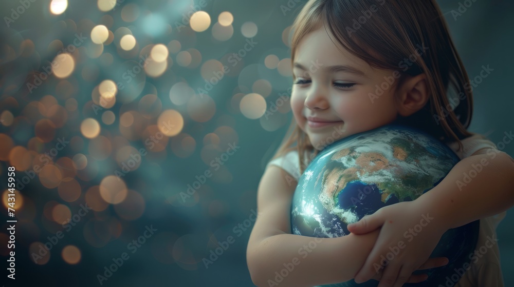Fototapeta premium tender moment when a girl hugs a planet earth generative ai