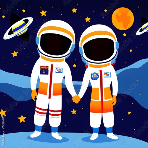 Astronaut and astronaut holding hands. Vector illustration in cartoon style.