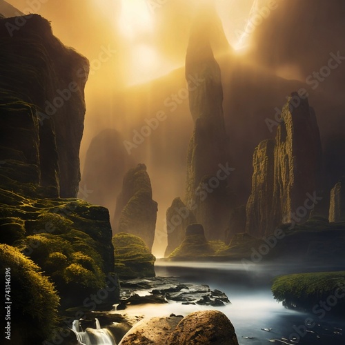 Fantasy landscape with foggy river and sun rays. 3D rendering