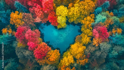 Aerial view of autumn trees arranged in a heart shape surrounding the water. © PJang