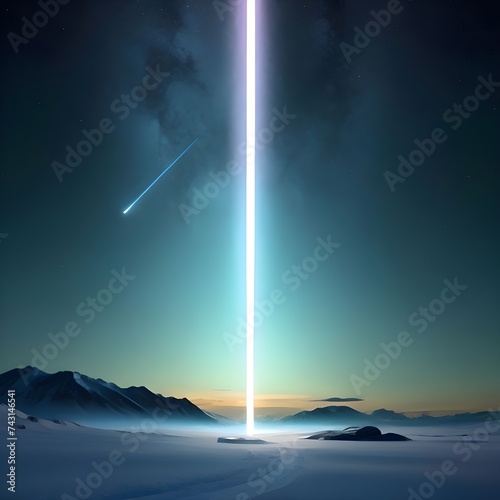 Fantasy landscape with mountains in the sky and a comet. 3d render
