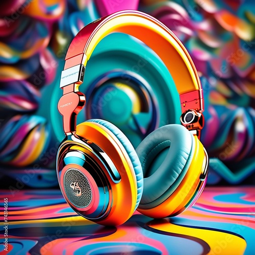 Headphones on abstract colorful background. 3D illustration. Music concept