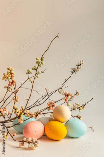 Poster and banner template with decorated eggs on a plain concrete background with a blooming spring twig. Festive egg hunt. Layout design for invitation  card  menu  flyer  banner  poster. Film grain