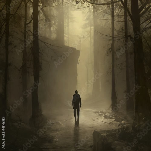 Man walking in the misty forest. Foggy day. 3D rendering