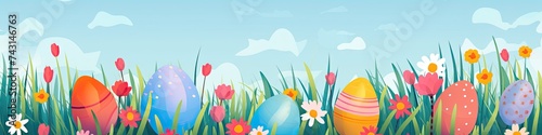 Flat cartoonish style easter banner with a colorful eggs  grass and flowers  with empty copy space