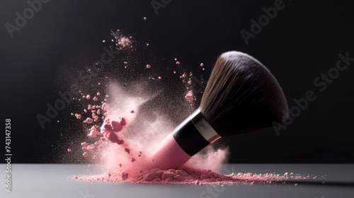 Cosmetic brush with pink powder in motion spreading on black background. No people. Cosmetic Background concept. Illustration. Generative AI photo