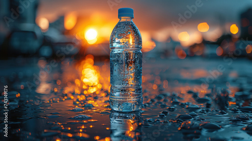 A bottle of pure mineral water against the backdrop of an evening cityscape.