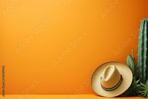 Cactus and sombrero hat for Cinco de Mayo holiday party celebration on yellow background. Fifth of May celebration concept. Mexican background fiesta holiday time. Generative ai