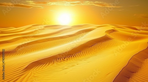Panoramic sahara desert at sunset with golden sand dunes captivating landscape view