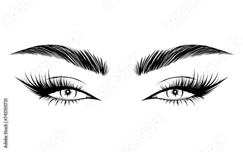Vector Beautiful Female Eyes with Long Black Eyelashes and Brows close up. Makeup, beauty salon symbol. Woman Lashes