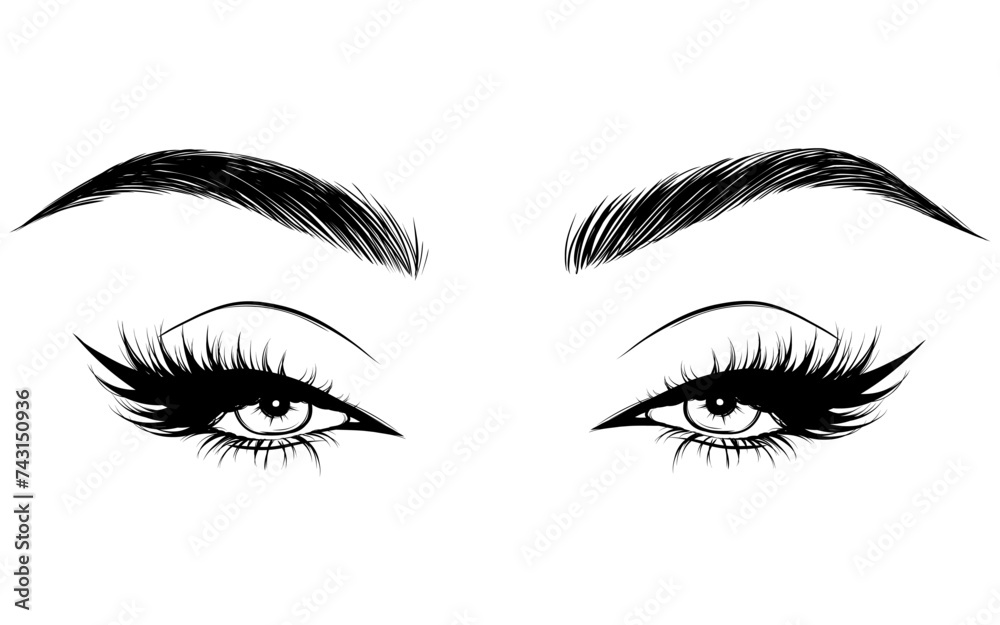 Vector Beautiful Female Eyes with Long Black Eyelashes and Brows close up. Makeup, beauty salon symbol. Woman Lashes