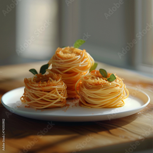 A plate of spaghetti, on a table