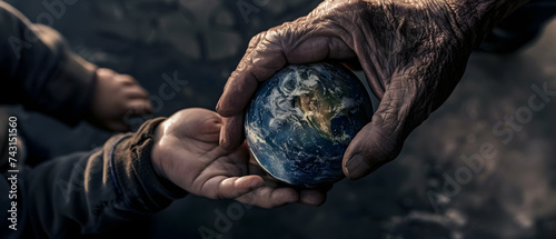 Hands of an old man holding the planet Earth handing it to a child - Concept of saving the planet