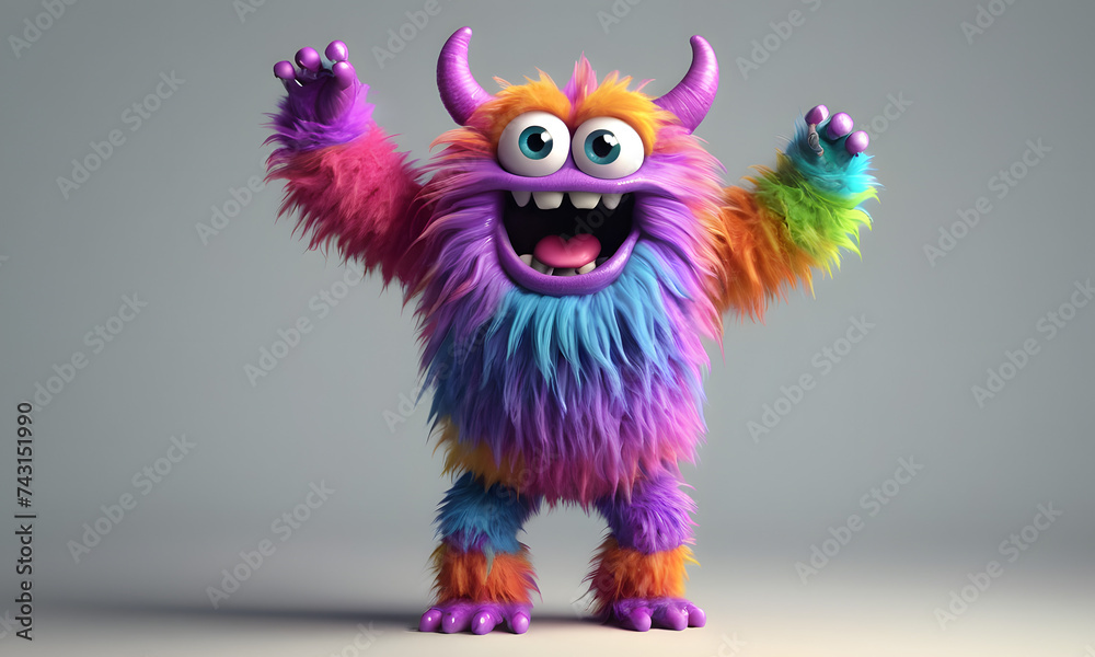 furry and cute monster waving 3d character 