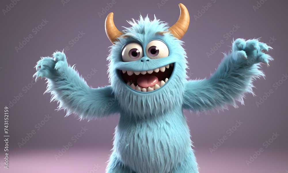 furry and cute monster waving 3d character 