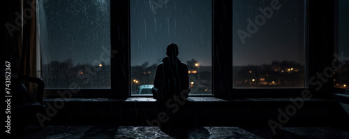 Alone, a man sits by a window veiled by the night's rain, distant city lights punctuating the darkness. conveys a poignant blend of reflection and stark isolation felt even within the urban sprawl. photo