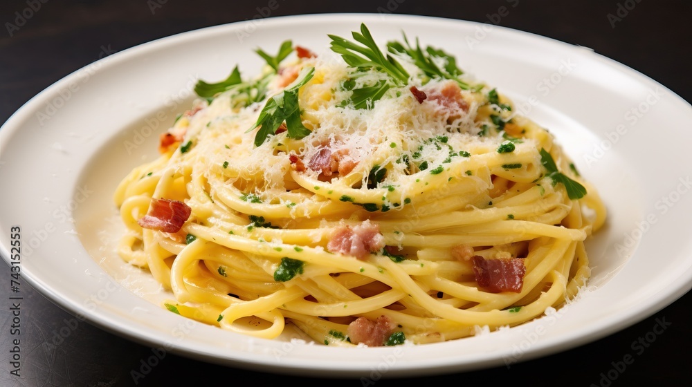 Carbonara is an Italian pasta dish from Rome made with eggs, hard cheese, cured pork, and black pepper.


