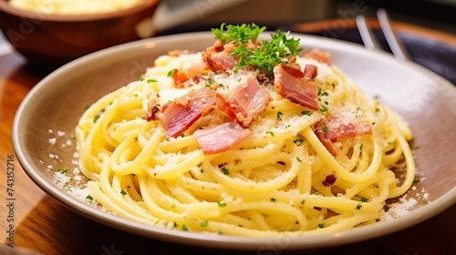 Carbonara is an Italian pasta dish from Rome made with eggs, hard cheese, cured pork, and black pepper.