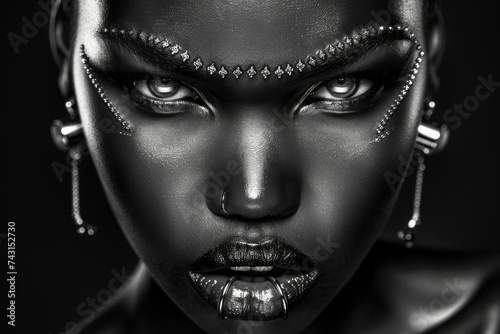 Woman with bedazzled black skin in a stunning portrait. Monochromatic beauty portrait with bold makeup and face jewelry. Dramatic close-up of shiny lips and unique facial accessories in monochrome. © Irina.Pl