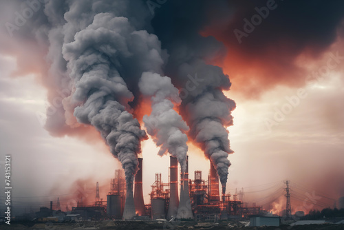 Air pollution from power plant. Pollution of the environment concept.