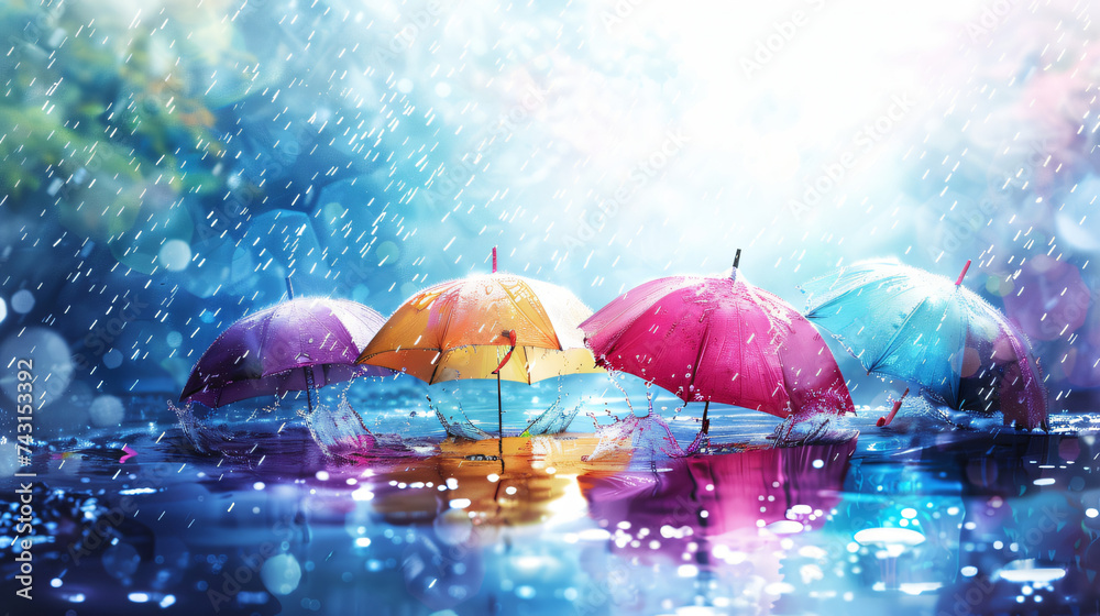 illustration of a spring rain shower, with raindrops falling gently, puddles forming on the ground, and colorful umbrellas