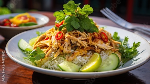 Com Ga Hoi An (Vietnamese Chicken Rice) is one of the signature dishes of Hoi An, a small ancient town in Central Vietnam. It features shredded chicken tossed with Vietnamese coriander, onions, and li photo