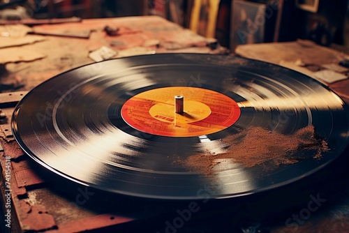 Vinyl record with dust on an old wooden box in the room. Retro style. Close up of a vinyl record