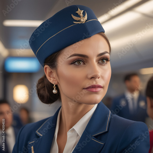 Portrait of beautiful flying attendant on airplane