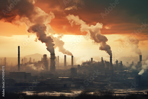 Industrial landscape with smoking chimneys of power plant at sunset.