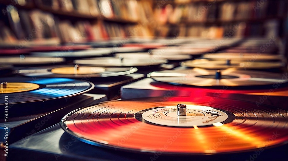 Fototapeta premium Turntable and vinyl record. Vintage vinyl records on a shelf in a music store in retro tones