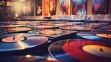 Old vinyl records on a table in a music store.