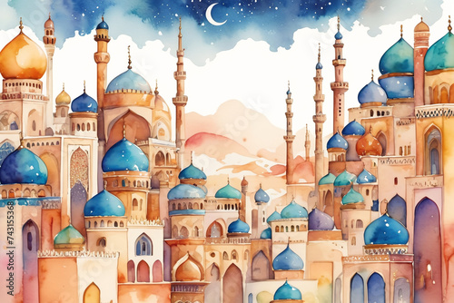 Arabic city from Tales from the Thousand and One Nights in watercolor painted style