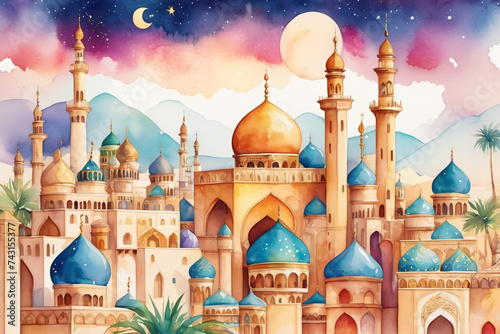 Arabic city from Tales from the Thousand and One Nights in watercolor painted style