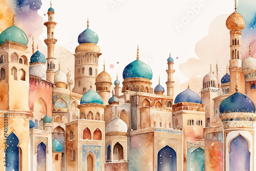 Arabic city from Tales from the Thousand and One Nights in watercolor painted style photo