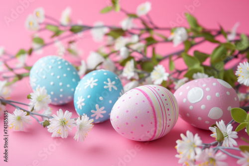 Easter eggs and spring flowers on pink background. Happy Easter concept. 