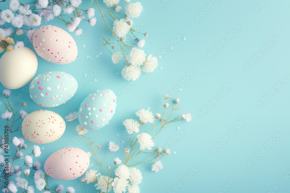 Easter eggs with chamomile flowers on blue background.
Easter eggs with chamomile flowers on blue background.