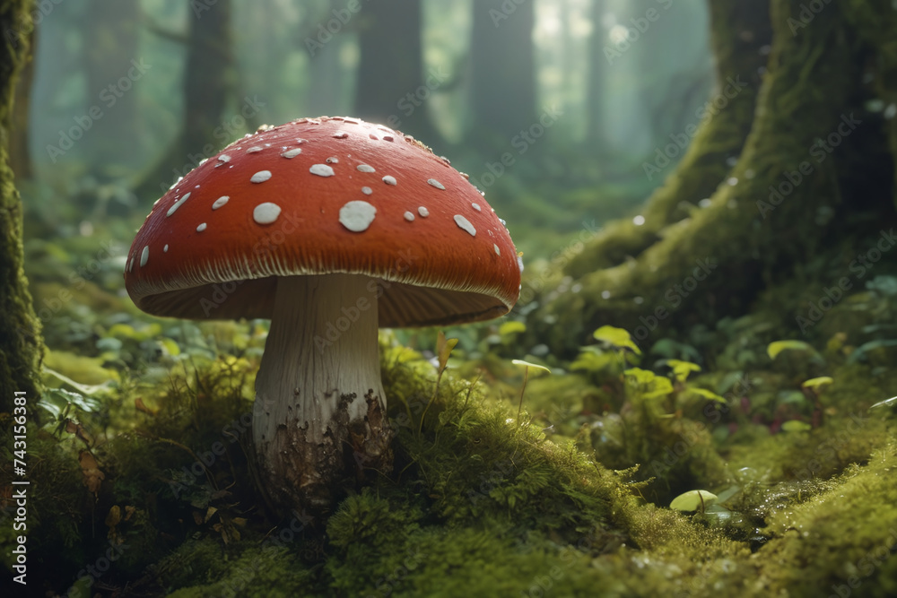 Fototapeta premium Poisonous fly agaric toadstool in moss