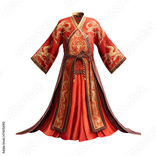 Beautiful Red and Gold Dragon Hanfu isolated on white background