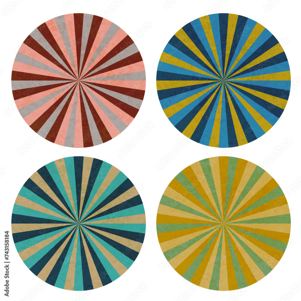 set of  sunburst patterned circular shapes, four color variations