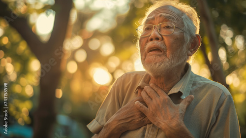 Portrait of senior asian man suffering from heart attack in the park.
 photo
