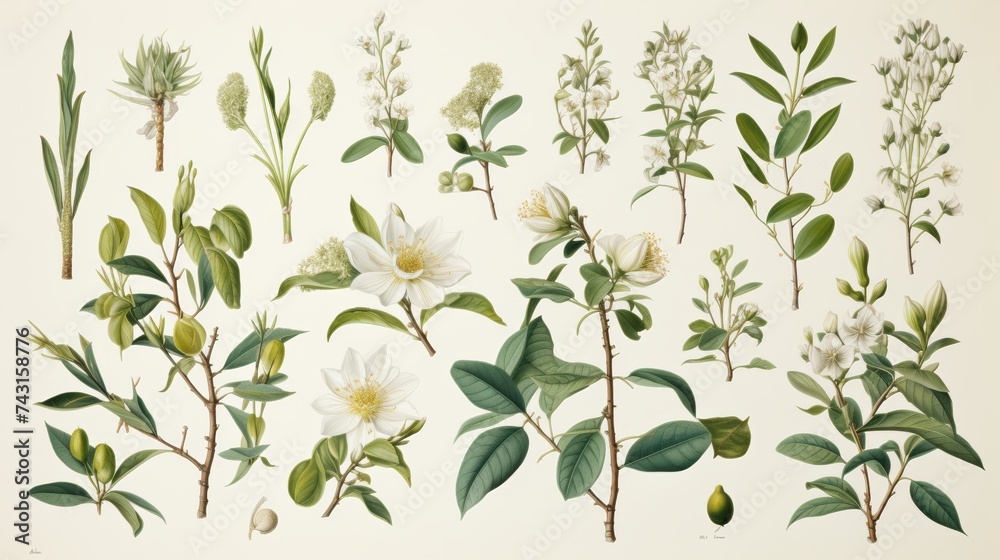 Botanical drawing showcasing a variety of herbal plants with flowers and leaves on white.