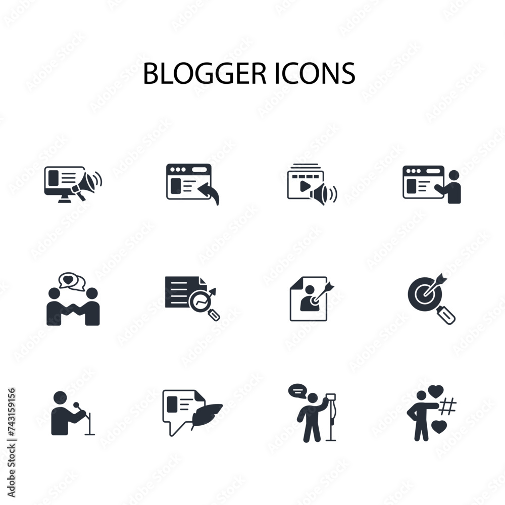 Blogger icon set.vector.Editable stroke.linear style sign for use web design,logo.Symbol illustration. Blogger icon set.vector.Editable stroke.linear style sign for use web design,logo.Symbol illustration.
