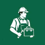 A logo illustration of a construction worker with toolbox on green background.