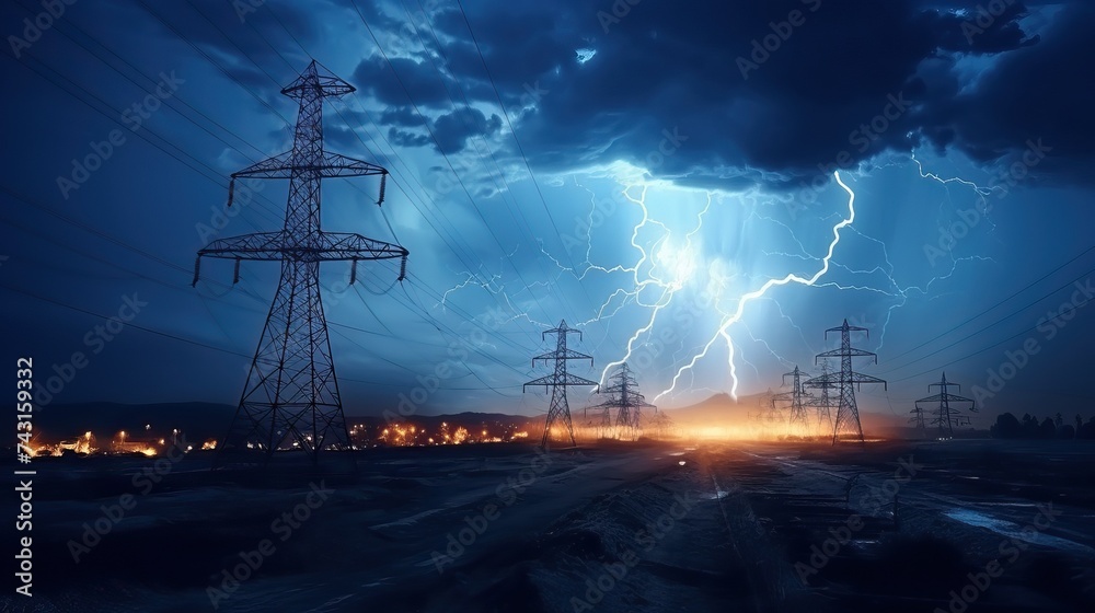 Power lines on the background of lightning. Blackout - The concept of the destruction of Ukrainian infrastructure by Russian missiles.


